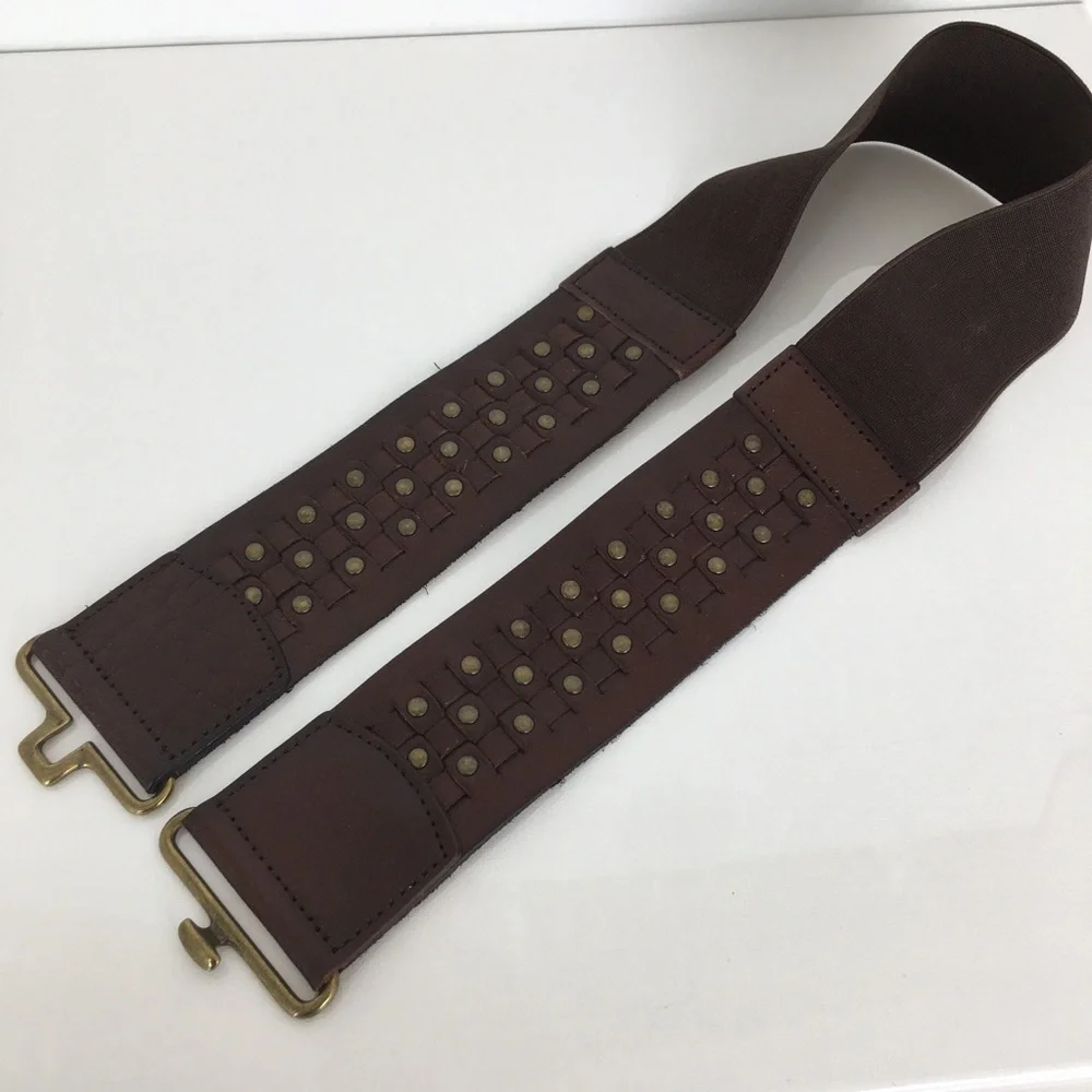 Wide Boho Woven Leather Stretchy Belt Brown with Brass Studs Women’s Size L/XL